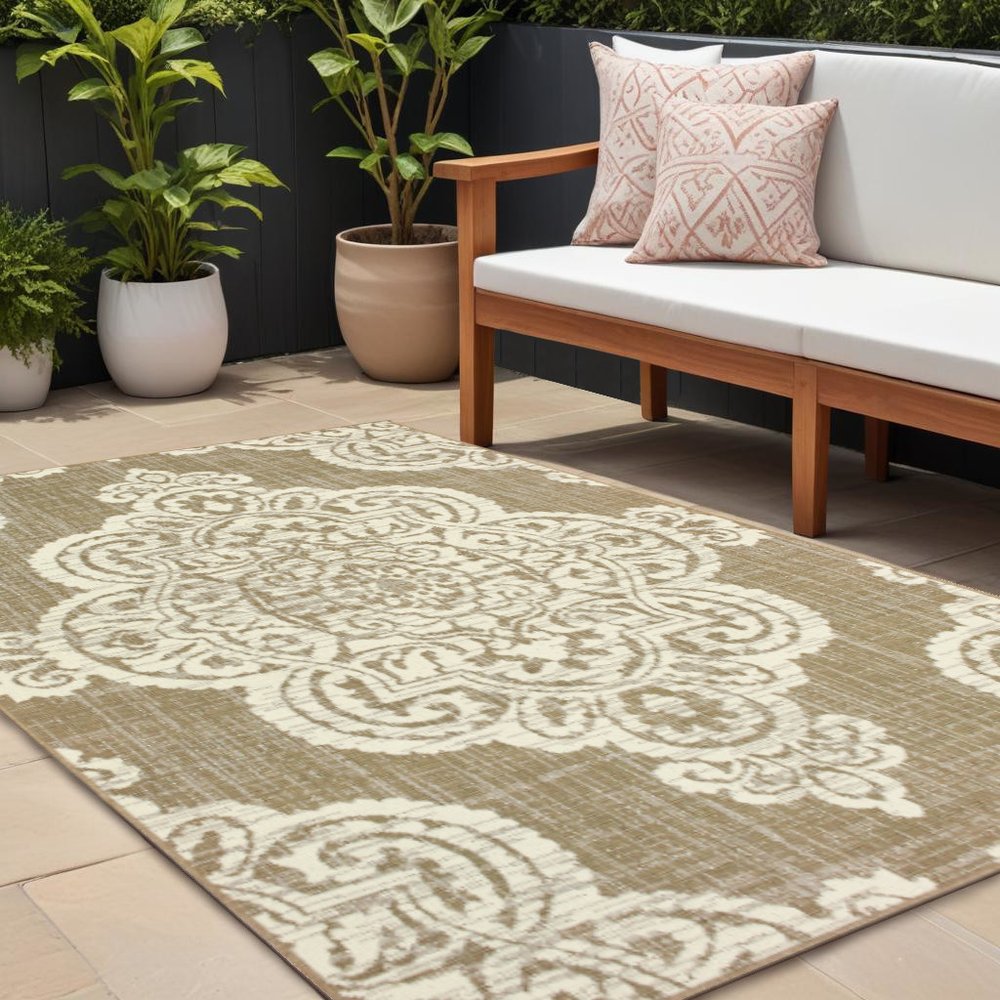 8' X 11' Tan Oriental Stain Resistant Indoor Outdoor Area Rug