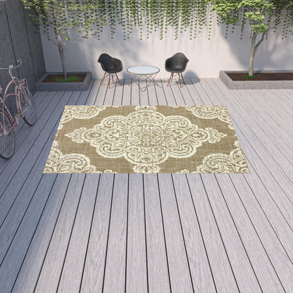 9' X 13' Tan Oriental Stain Resistant Indoor Outdoor Area Rug