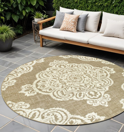 8' X 8' Tan Round Oriental Stain Resistant Indoor Outdoor Area Rug