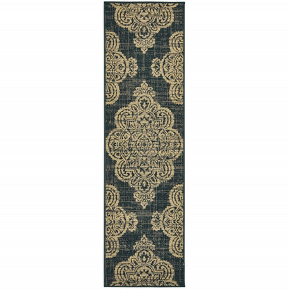 2' X 8' Black and Tan Oriental Stain Resistant Indoor Outdoor Area Rug