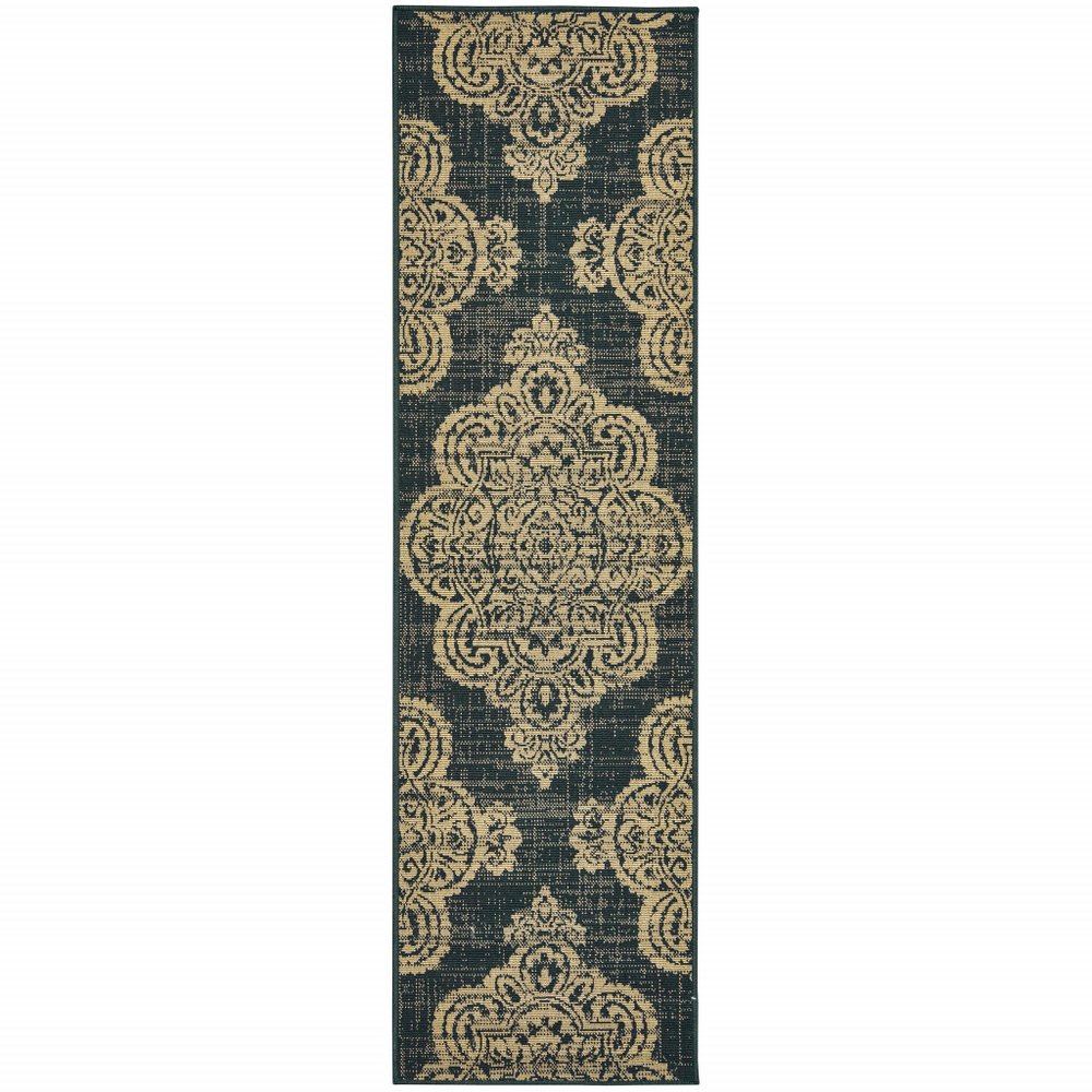 2' X 8' Black and Tan Oriental Stain Resistant Indoor Outdoor Area Rug