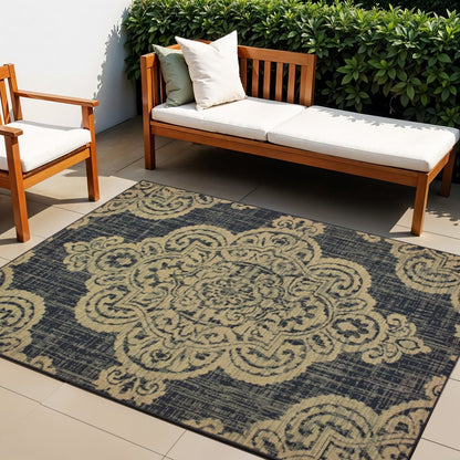 4' X 6' Black and Tan Oriental Stain Resistant Indoor Outdoor Area Rug