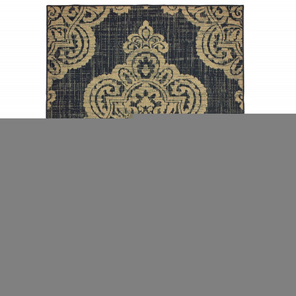 5' X 8' Black and Tan Oriental Stain Resistant Indoor Outdoor Area Rug