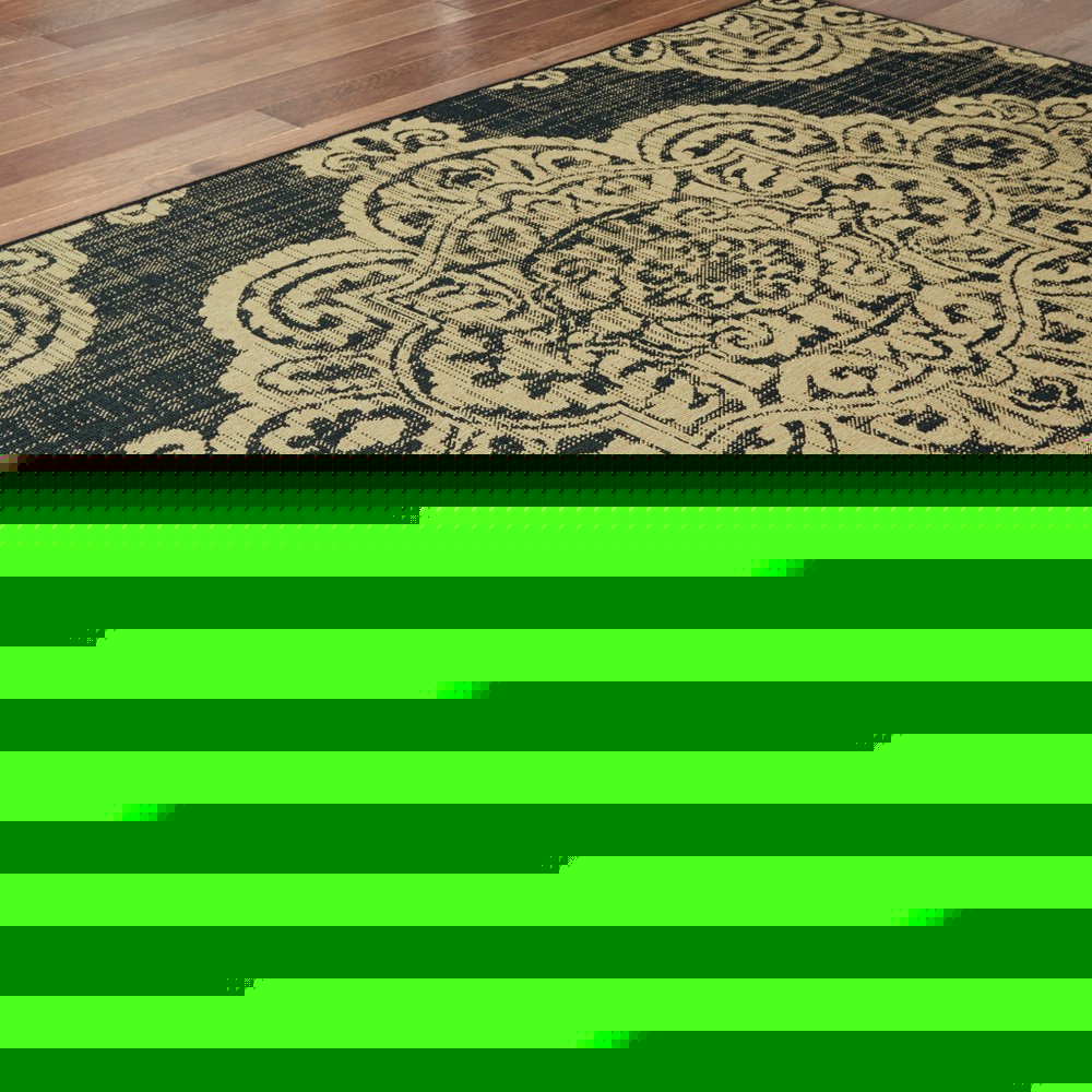 5' X 8' Black and Tan Oriental Stain Resistant Indoor Outdoor Area Rug