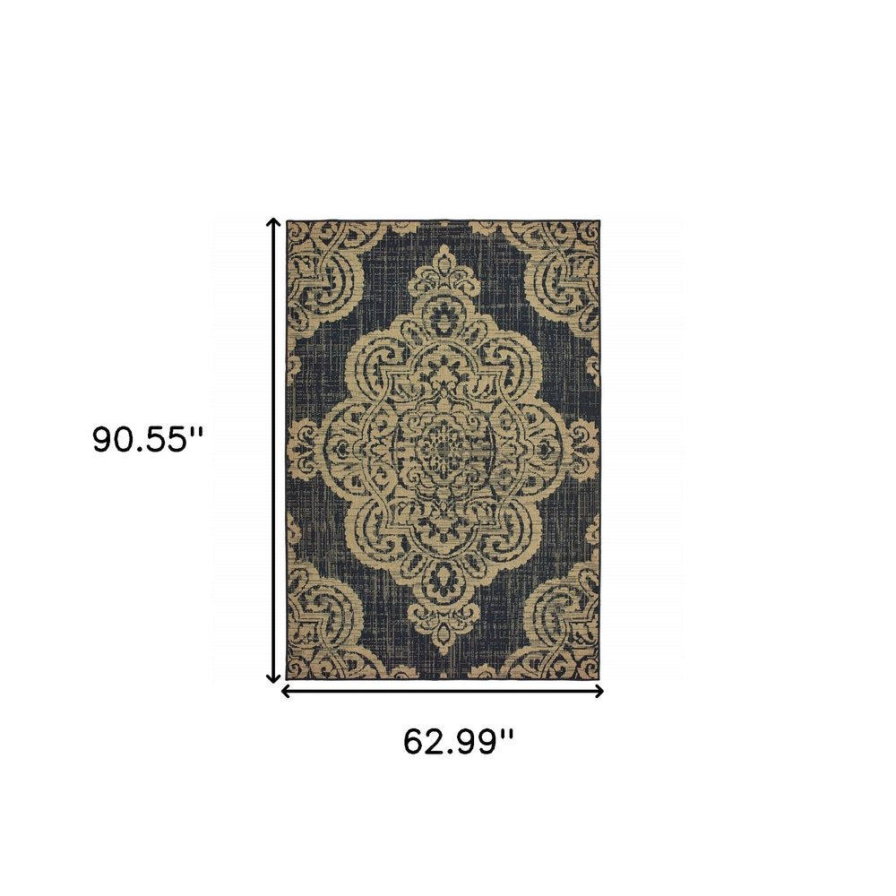 5' X 8' Black and Tan Oriental Stain Resistant Indoor Outdoor Area Rug