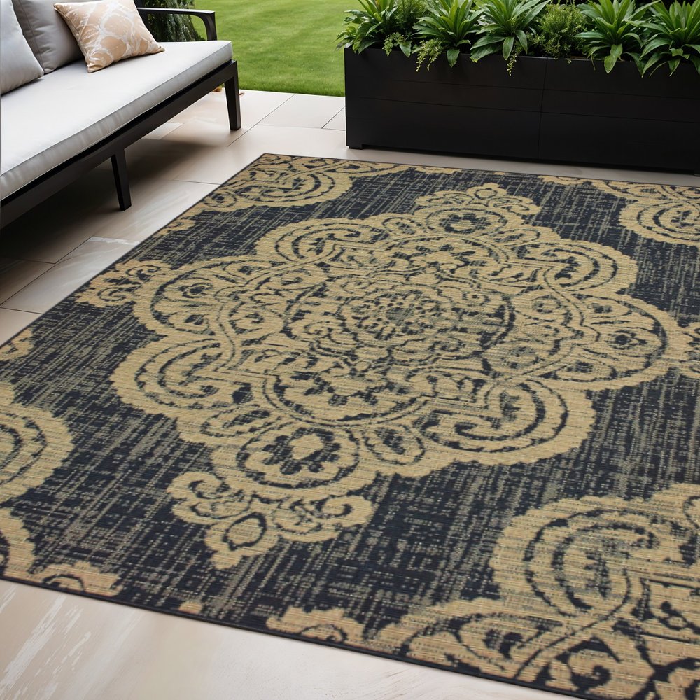 5' X 8' Black and Tan Oriental Stain Resistant Indoor Outdoor Area Rug