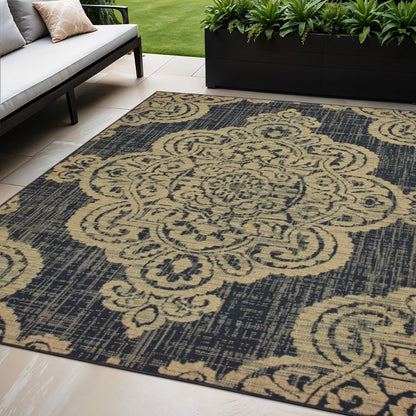 5' X 8' Black and Tan Oriental Stain Resistant Indoor Outdoor Area Rug