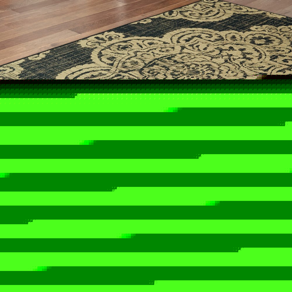 7' X 10' Black and Tan Oriental Stain Resistant Indoor Outdoor Area Rug