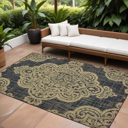 7' X 10' Black and Tan Oriental Stain Resistant Indoor Outdoor Area Rug