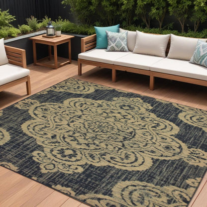 9' X 13' Black and Tan Oriental Stain Resistant Indoor Outdoor Area Rug