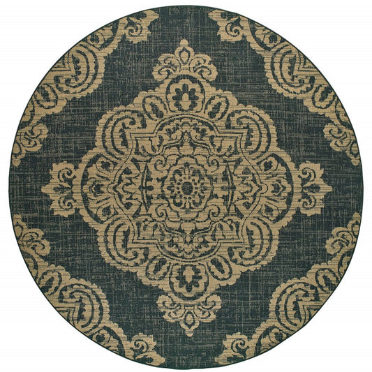 8' X 8' Black and Tan Round Oriental Stain Resistant Indoor Outdoor Area Rug