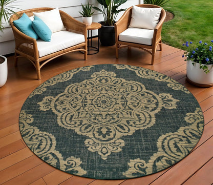 8' X 8' Black and Tan Round Oriental Stain Resistant Indoor Outdoor Area Rug