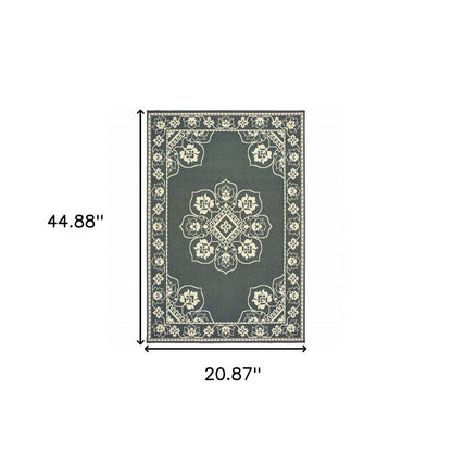 2' X 4' Gray and Ivory Oriental Stain Resistant Indoor Outdoor Area Rug