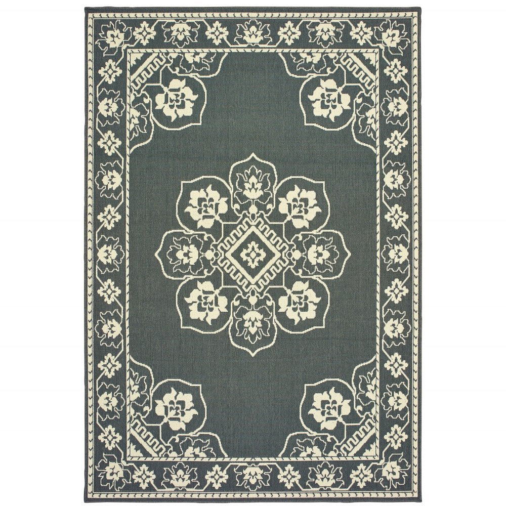 5' X 8' Gray and Ivory Oriental Stain Resistant Indoor Outdoor Area Rug