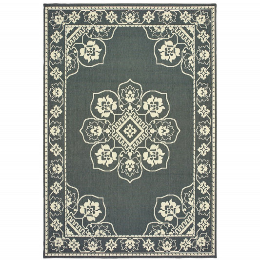 5' X 8' Gray and Ivory Oriental Stain Resistant Indoor Outdoor Area Rug