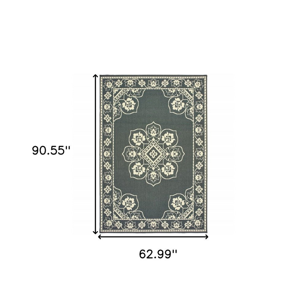 5' X 8' Gray and Ivory Oriental Stain Resistant Indoor Outdoor Area Rug