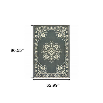 5' X 8' Gray and Ivory Oriental Stain Resistant Indoor Outdoor Area Rug