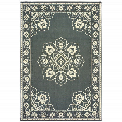 9' X 13' Gray and Ivory Oriental Stain Resistant Indoor Outdoor Area Rug