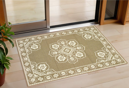 2' X 4' Tan Oriental Stain Resistant Indoor Outdoor Area Rug