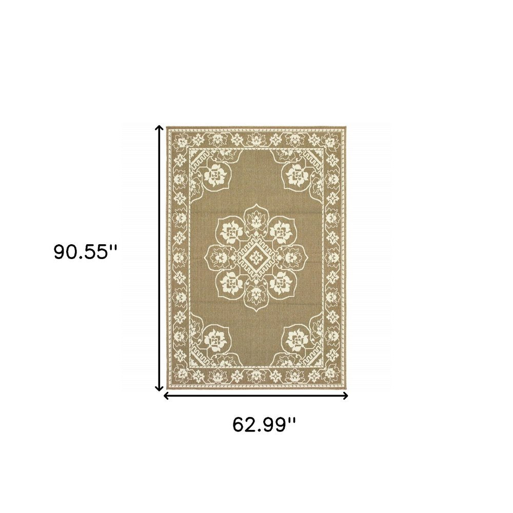 5' X 8' Tan Oriental Stain Resistant Indoor Outdoor Area Rug