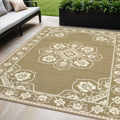 5' X 8' Tan Oriental Stain Resistant Indoor Outdoor Area Rug