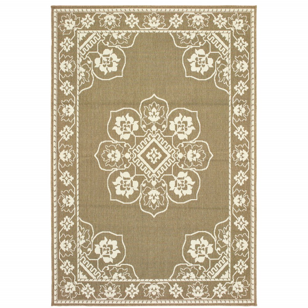 7' X 10' Tan Oriental Stain Resistant Indoor Outdoor Area Rug