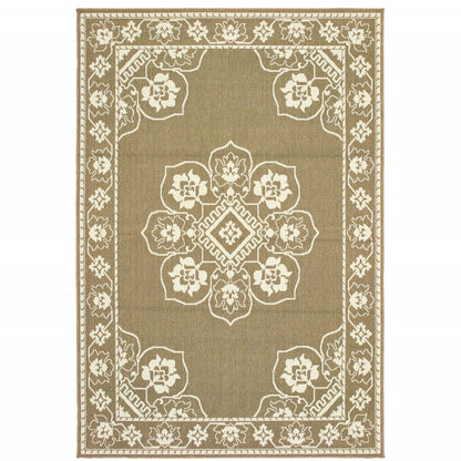 7' X 10' Tan Oriental Stain Resistant Indoor Outdoor Area Rug