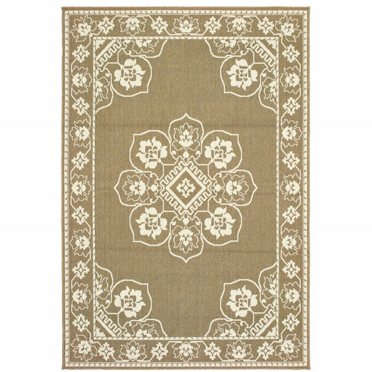 7' X 10' Tan Oriental Stain Resistant Indoor Outdoor Area Rug
