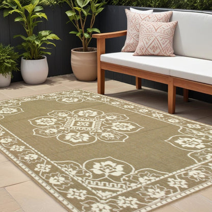 8' X 11' Tan Oriental Stain Resistant Indoor Outdoor Area Rug