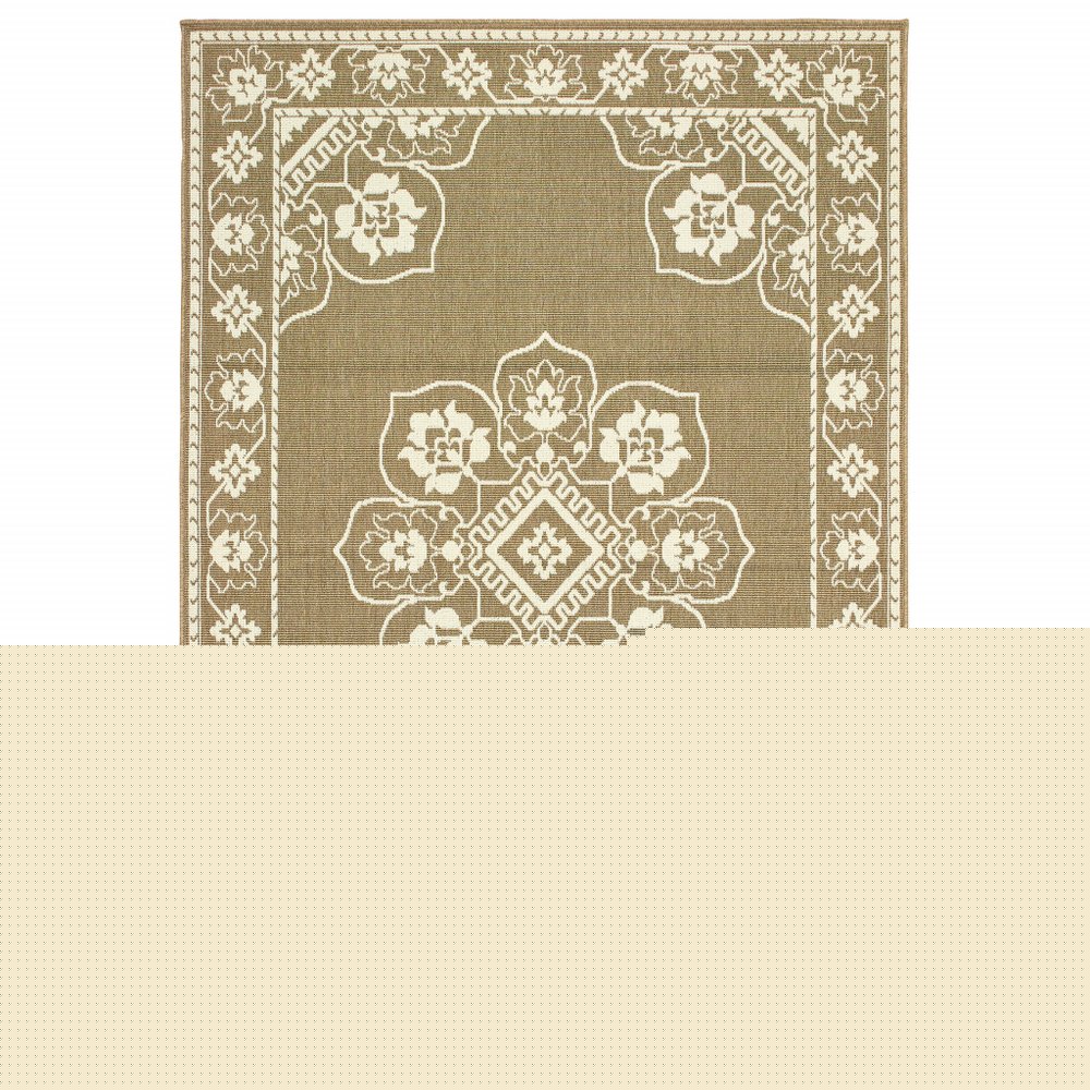 9' X 13' Tan Oriental Stain Resistant Indoor Outdoor Area Rug