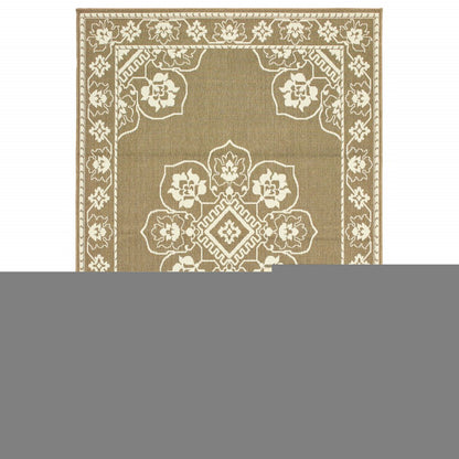 9' X 13' Tan Oriental Stain Resistant Indoor Outdoor Area Rug