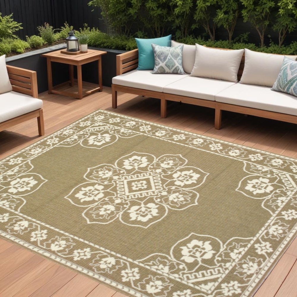 9' X 13' Tan Oriental Stain Resistant Indoor Outdoor Area Rug