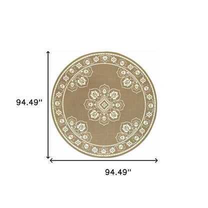 8' X 8' Tan Round Oriental Stain Resistant Indoor Outdoor Area Rug