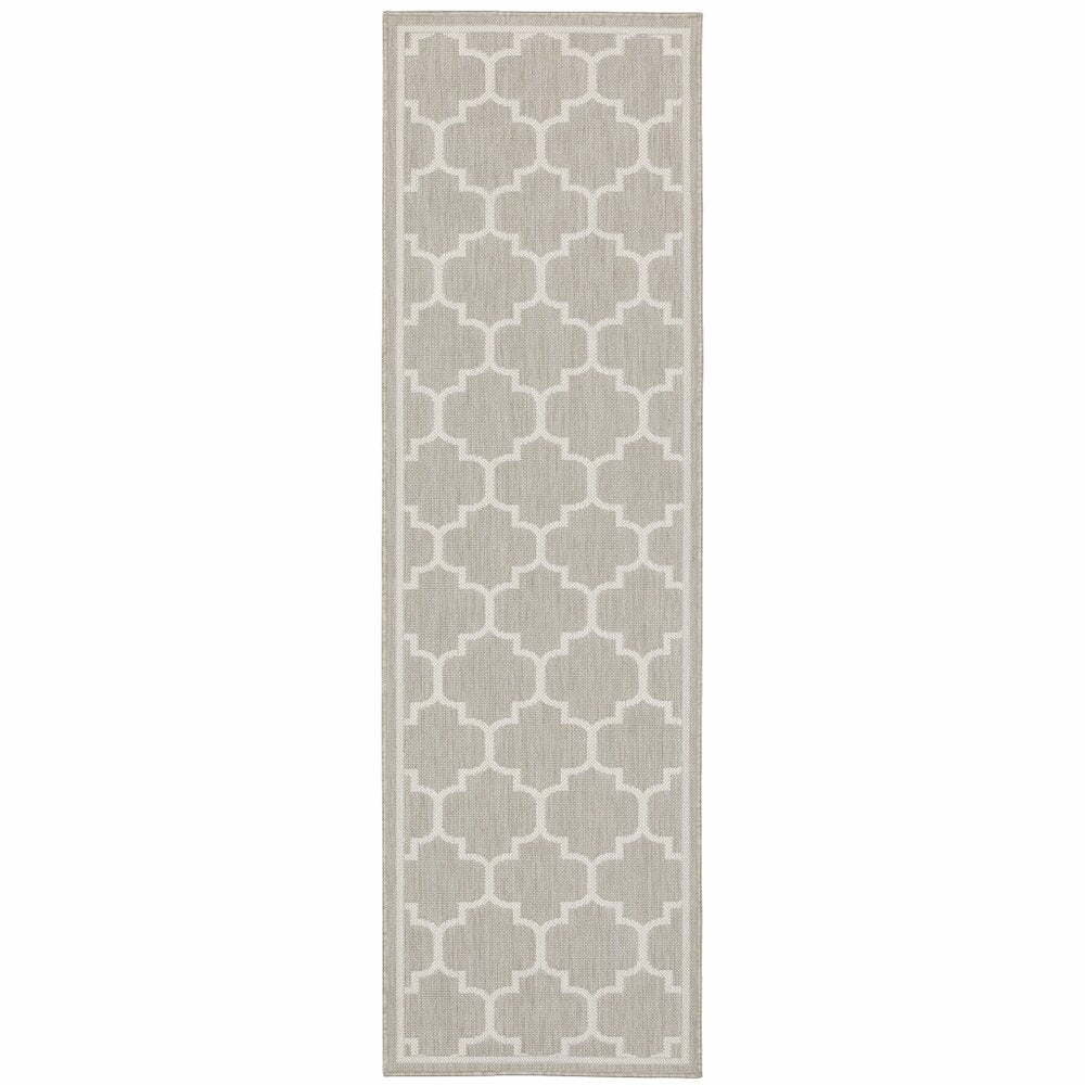 2' X 7' Gray and Ivory Geometric Stain Resistant Indoor Outdoor Area Rug