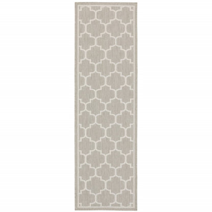 2' X 7' Gray and Ivory Geometric Stain Resistant Indoor Outdoor Area Rug