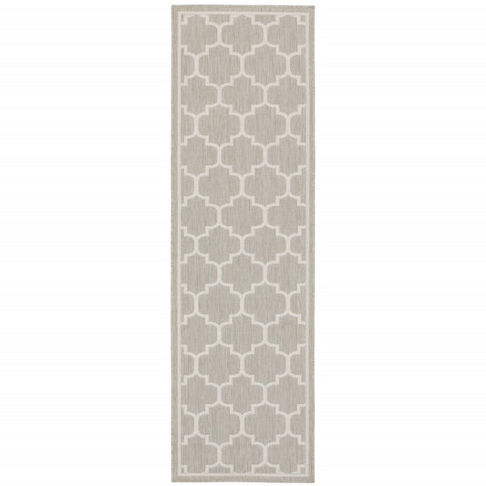 2' X 7' Gray and Ivory Geometric Stain Resistant Indoor Outdoor Area Rug
