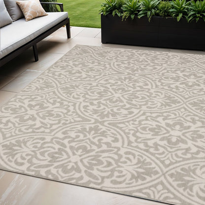 5' X 7' Gray and Ivory Floral Stain Resistant Indoor Outdoor Area Rug