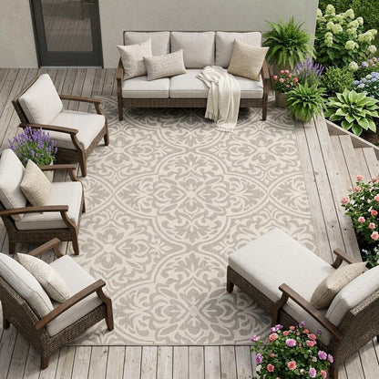 8' X 10' Gray and Ivory Floral Stain Resistant Indoor Outdoor Area Rug