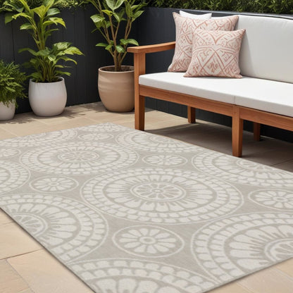 10' X 13' Gray and Ivory Floral Stain Resistant Indoor Outdoor Area Rug