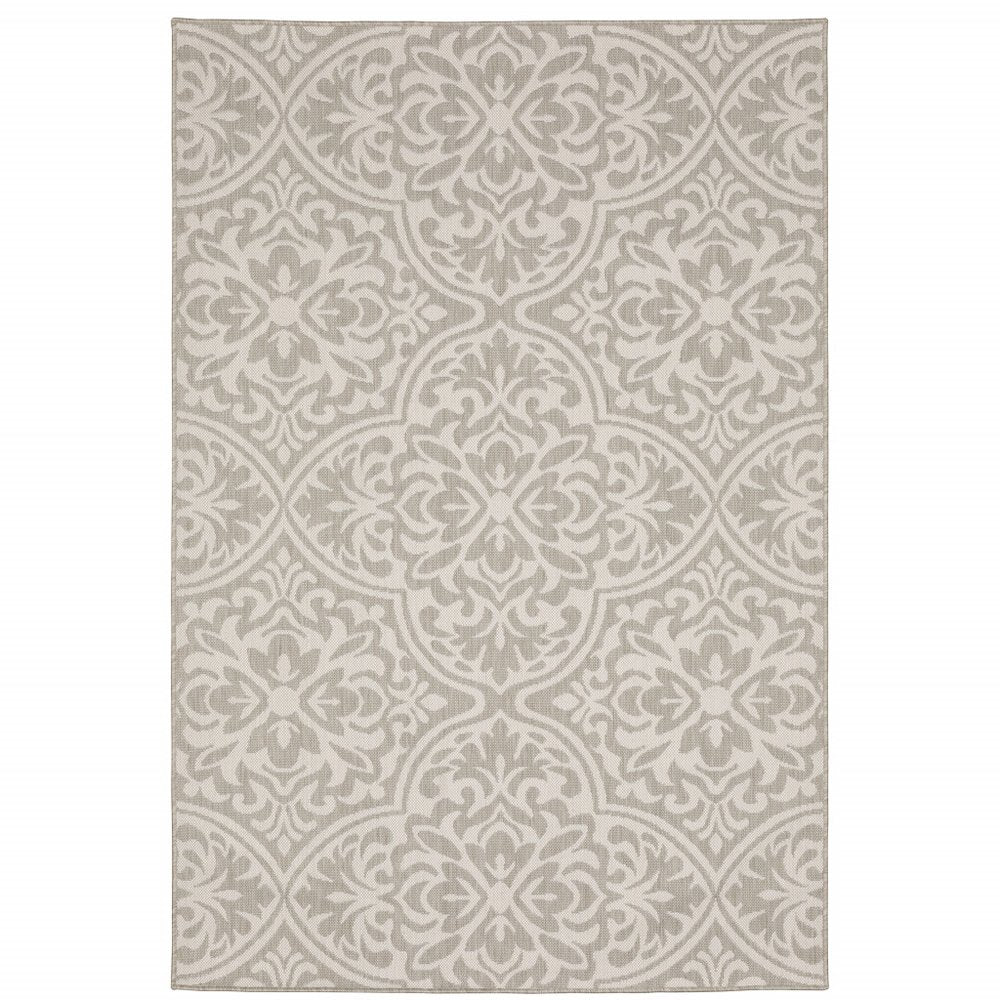 10' X 13' Gray and Ivory Floral Stain Resistant Indoor Outdoor Area Rug