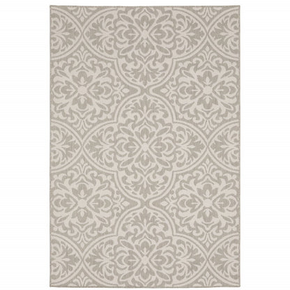 10' X 13' Gray and Ivory Floral Stain Resistant Indoor Outdoor Area Rug