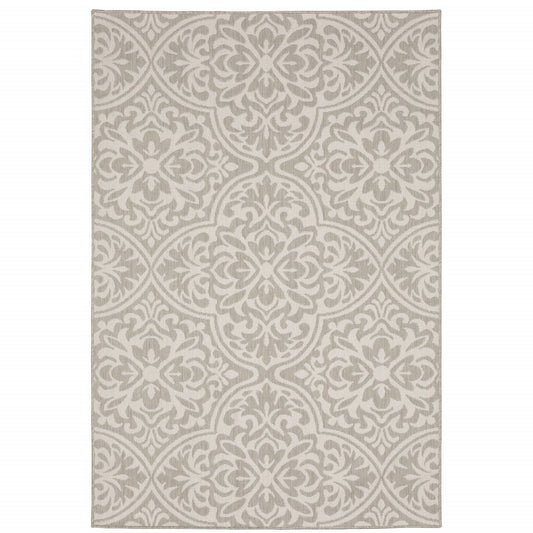 10' X 13' Gray and Ivory Floral Stain Resistant Indoor Outdoor Area Rug