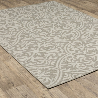 10' X 13' Gray and Ivory Floral Stain Resistant Indoor Outdoor Area Rug