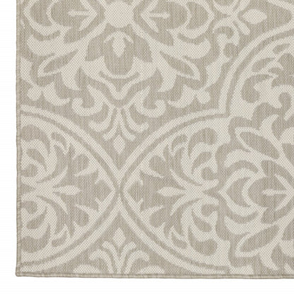 10' X 13' Gray and Ivory Floral Stain Resistant Indoor Outdoor Area Rug