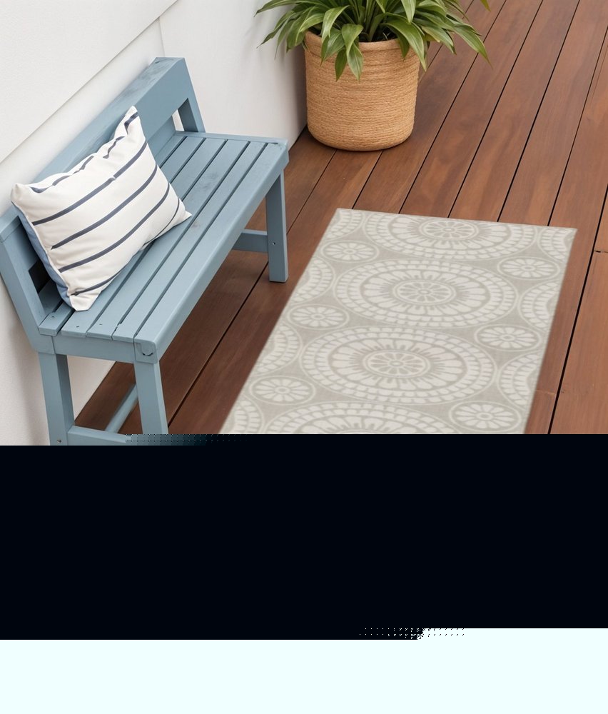 2' X 7' Gray and Ivory Geometric Stain Resistant Indoor Outdoor Area Rug