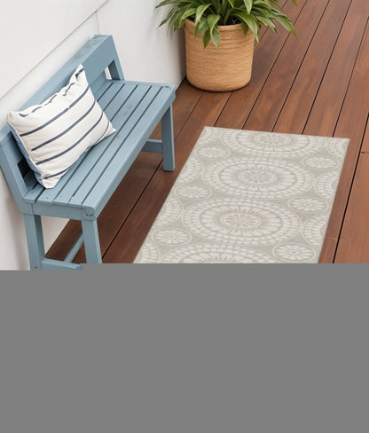 2' X 7' Gray and Ivory Geometric Stain Resistant Indoor Outdoor Area Rug