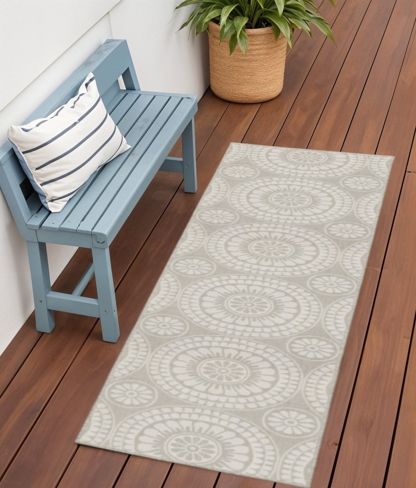 2' X 7' Gray and Ivory Geometric Stain Resistant Indoor Outdoor Area Rug