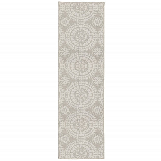 2' X 7' Gray and Ivory Geometric Stain Resistant Indoor Outdoor Area Rug