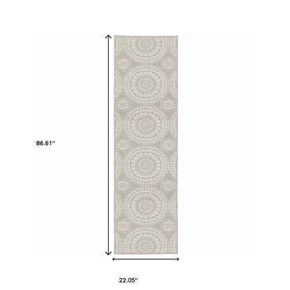 2' X 7' Gray and Ivory Geometric Stain Resistant Indoor Outdoor Area Rug