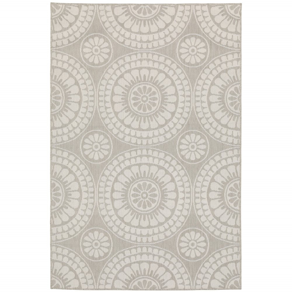 10' X 13' Gray and Ivory Geometric Stain Resistant Indoor Outdoor Area Rug